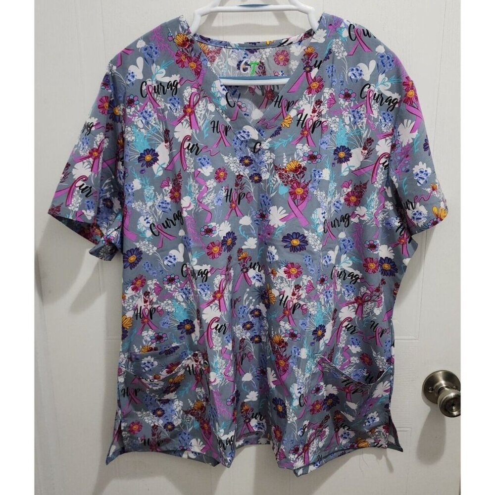 GT Performance Women's Short Sleeve V‎ Neck Scrub Top Breast Cancer Plus Size 2X